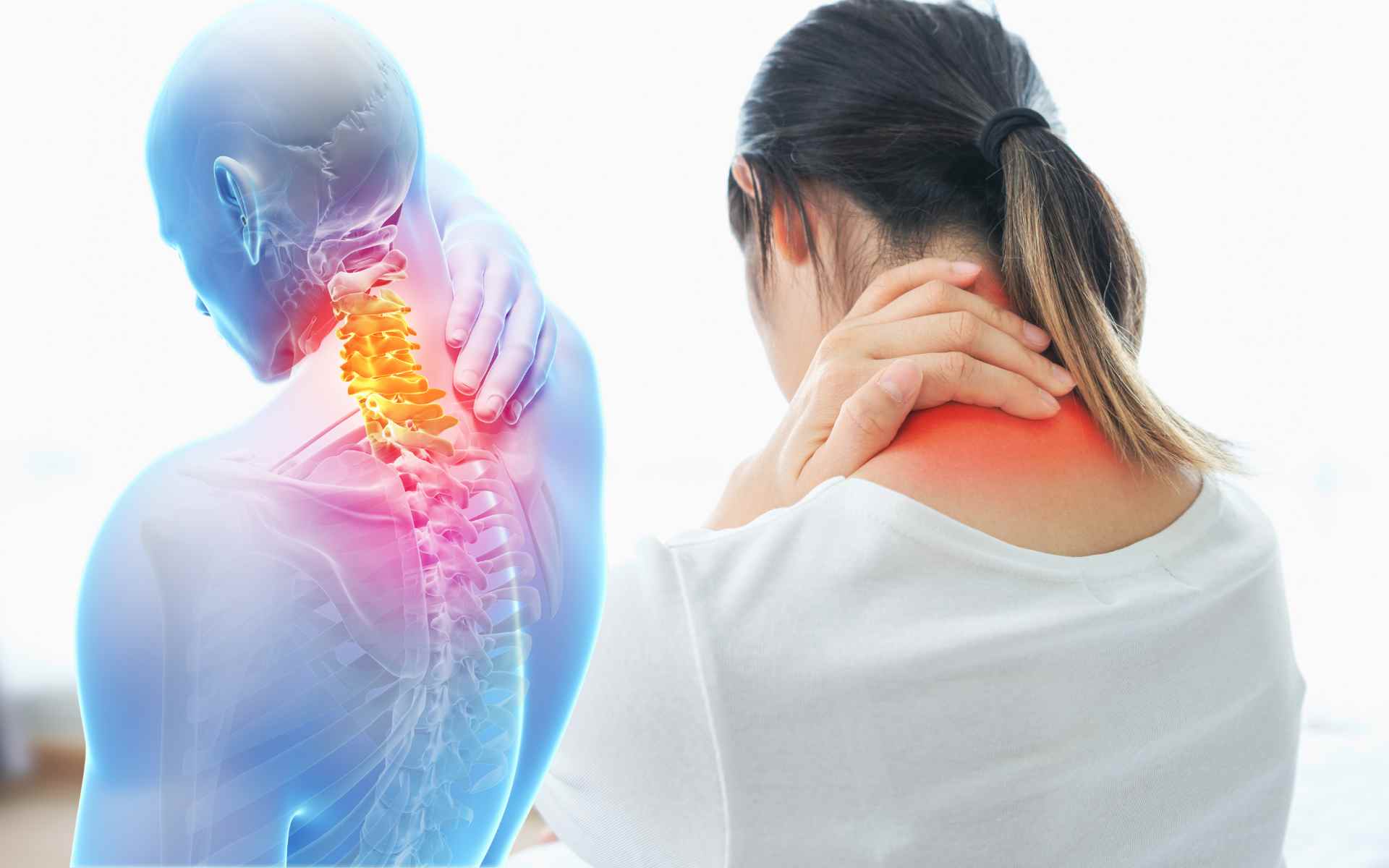 Donna con dolore al collo e alle spalle mentre lavora al computer, illustrazione delle zone cervicali e muscolari colpite da tensione e contrattura