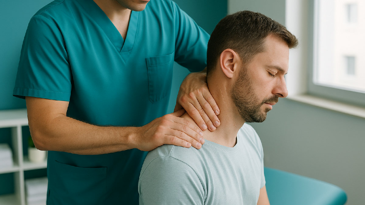 Fisioterapista che tratta una contrattura cervicale con massaggio manuale al trapezio e al collo di un paziente