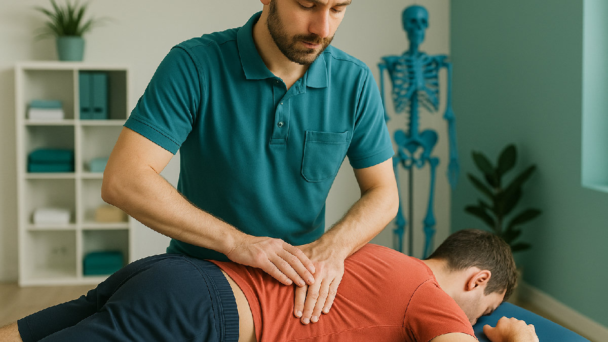 Fisioterapista che valuta un paziente con ernia del disco lombare durante una seduta di terapia manuale