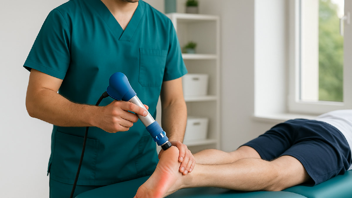 Fisioterapista che tratta con onde d'urto la fascite plantare su un paziente con dolore al tallone