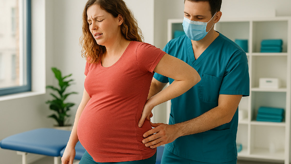 Donna incinta con dolore lombare che si tocca la schiena bassa, sintomo di sciatica in gravidanza
