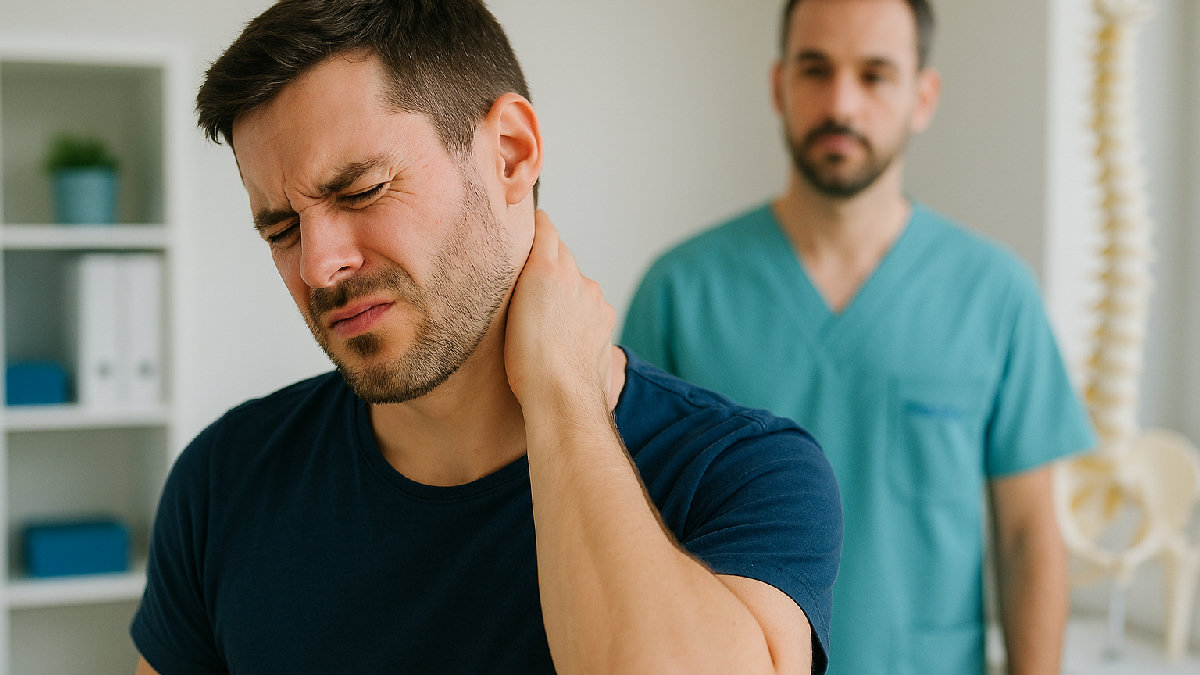 Paziente con torcicollo che tiene il collo con la mano, dolore cervicale acuto e rigidità muscolare