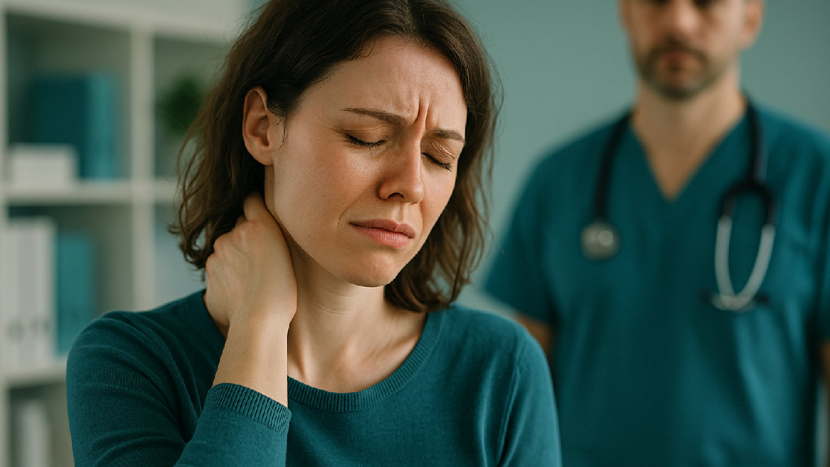 Donna con tensione cervicale e ansia che si tocca il collo con espressione di dolore e stanchezza