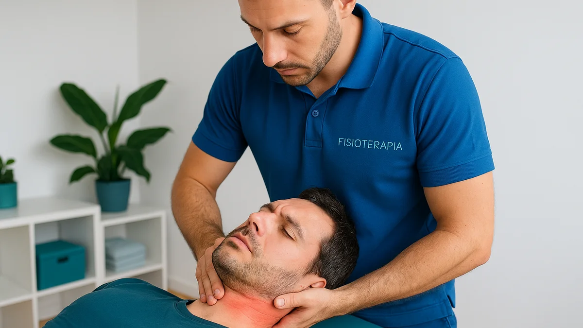 Fisioterapista che effettua trattamento manuale su paziente con ernia cervicale al collo