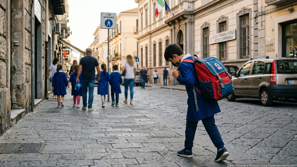 Bambino che indossa uno zaino scolastico pesante con postura scorretta, schiena curva, visto di profilo