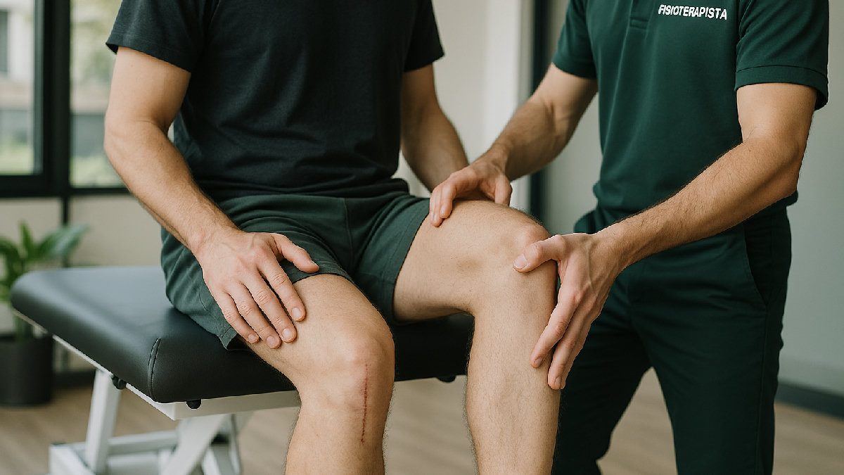 Fisioterapista che assiste un paziente nella riabilitazione dopo protesi al ginocchio con esercizi di mobilizzazione attiva