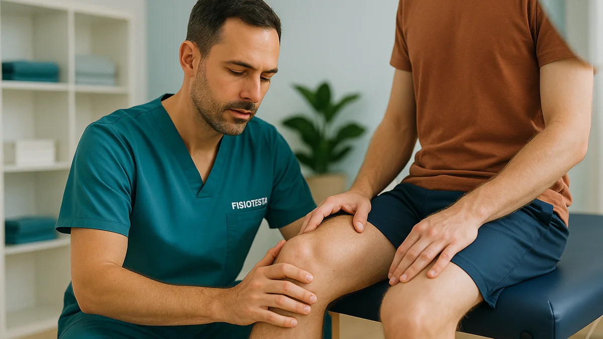 Fisioterapista che valuta il ginocchio di un paziente con sospetta lesione meniscale